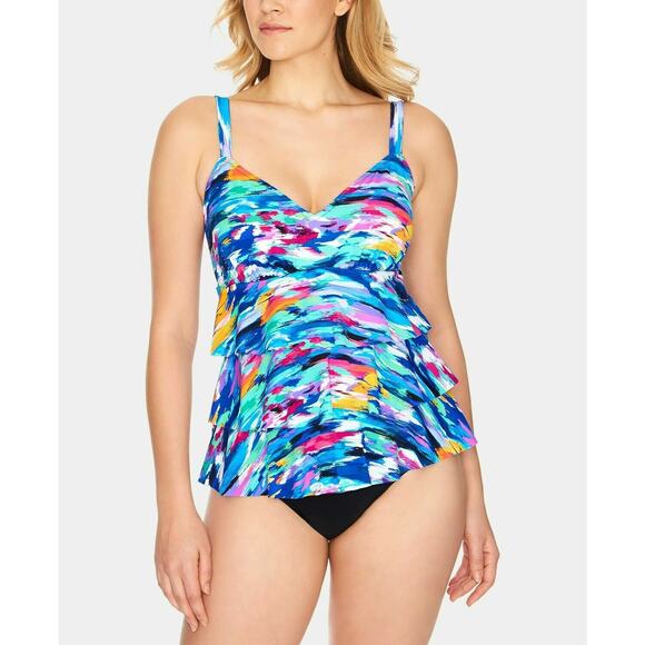 Swim Solutions Winning Streak Tiered Tummy-Control One Piece 8 Watercolor New - Picture 1 of 6